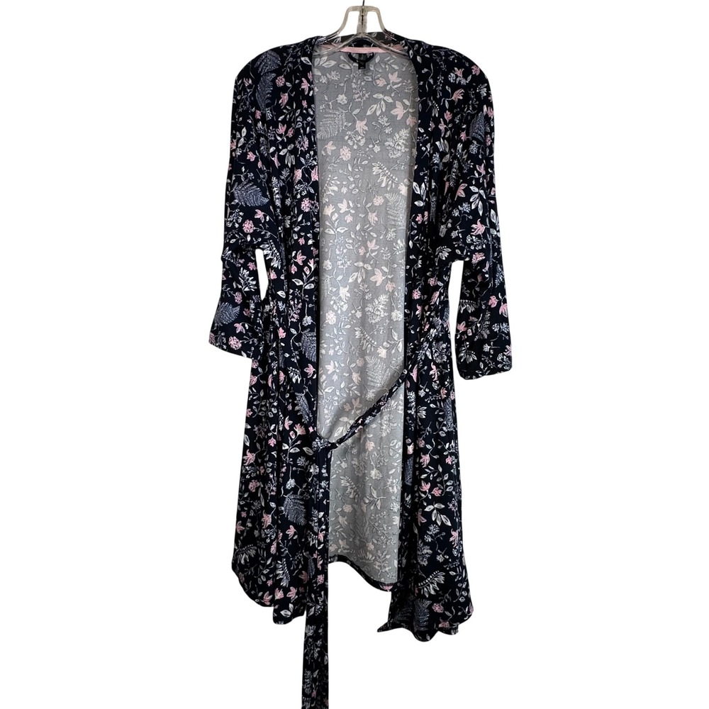 Laura Ashley Navy Blue Pink Floral Robe XL 3/4 Sleeve Tie Waist Jersey Knit XL